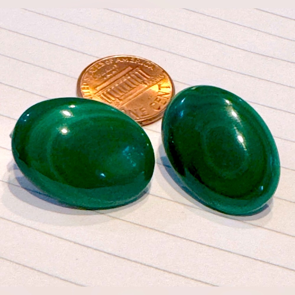 Natural green swirled malachite polished cabochons w/14k gold posts & backings